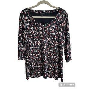 J. Jill Wearever Womens M Petite Multicolor Floral Round Neck 3/4 Length Top
